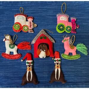 Christmas Tree Ornament Lot Homemade Sequin Train Rocking Horse Dog House Otter